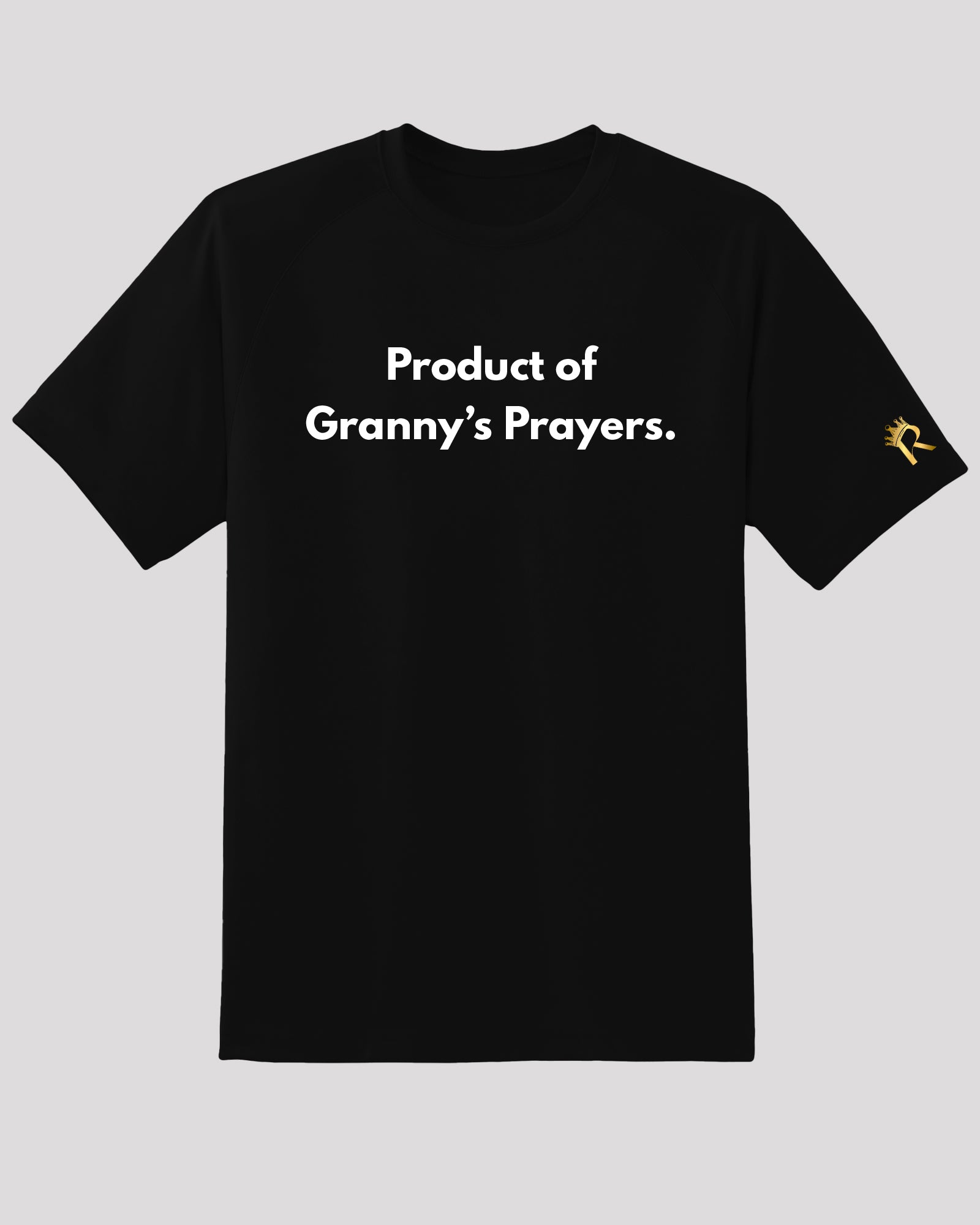 Black 'Granny's Prayers' tee with golden logo on sleeve