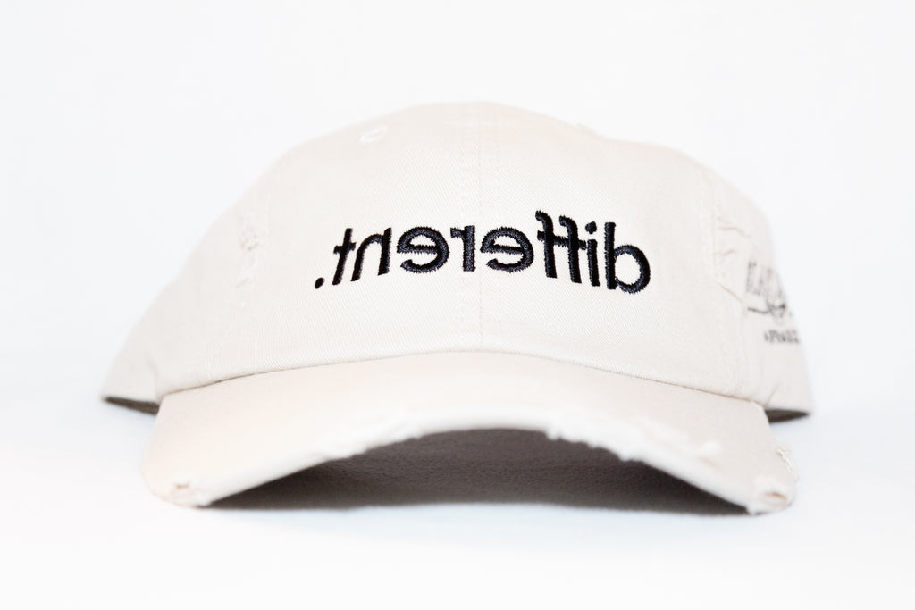 Distressed 'Stone(Beige)' '.tnereffid' (Different) Dad Hat