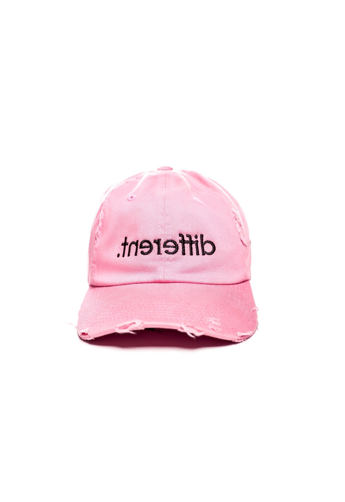 Pink distressed “tnereffid” (different) dad hat